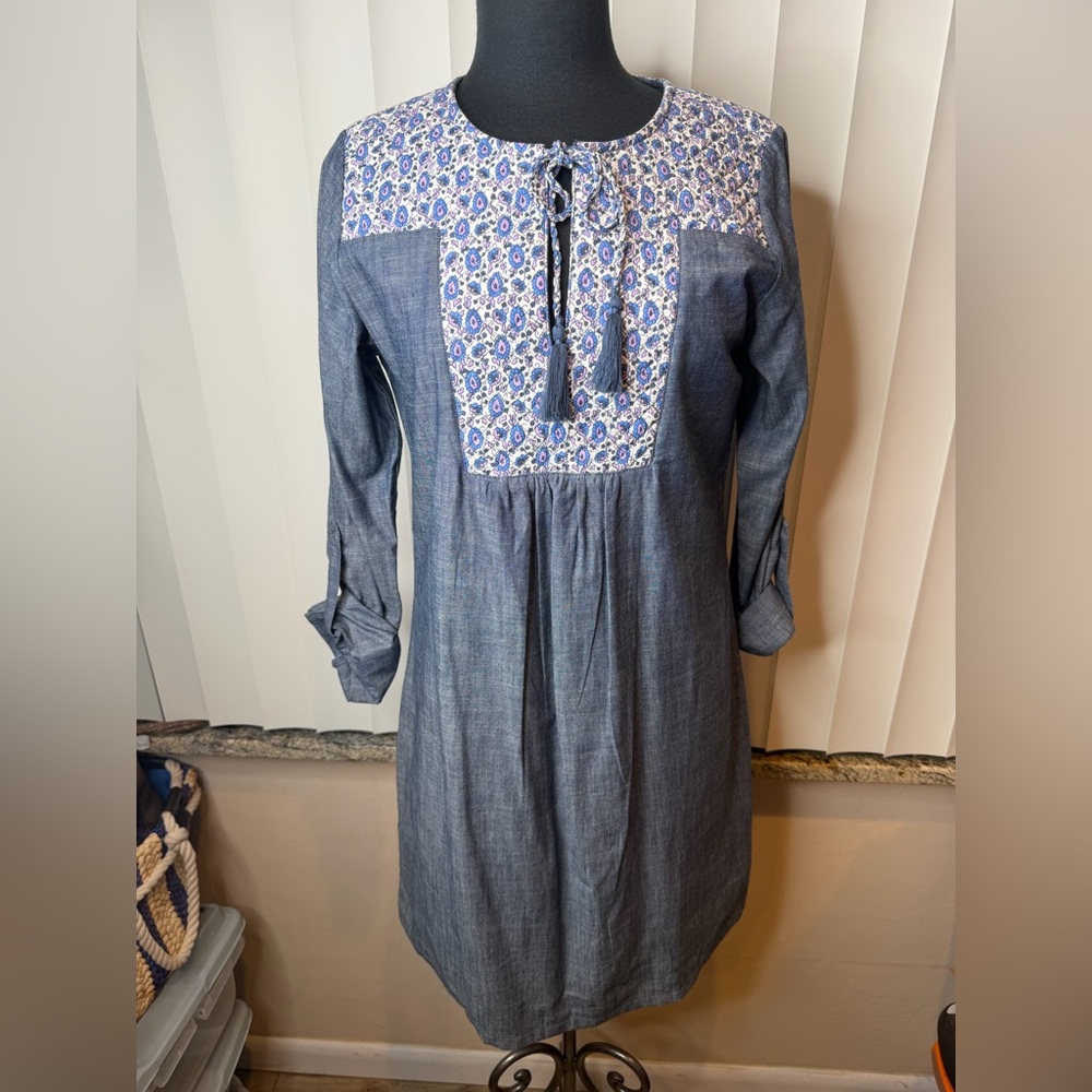 Rikshaw Design 100% Cotton Denim Blue Floral Women's Tunic Dress size Medium